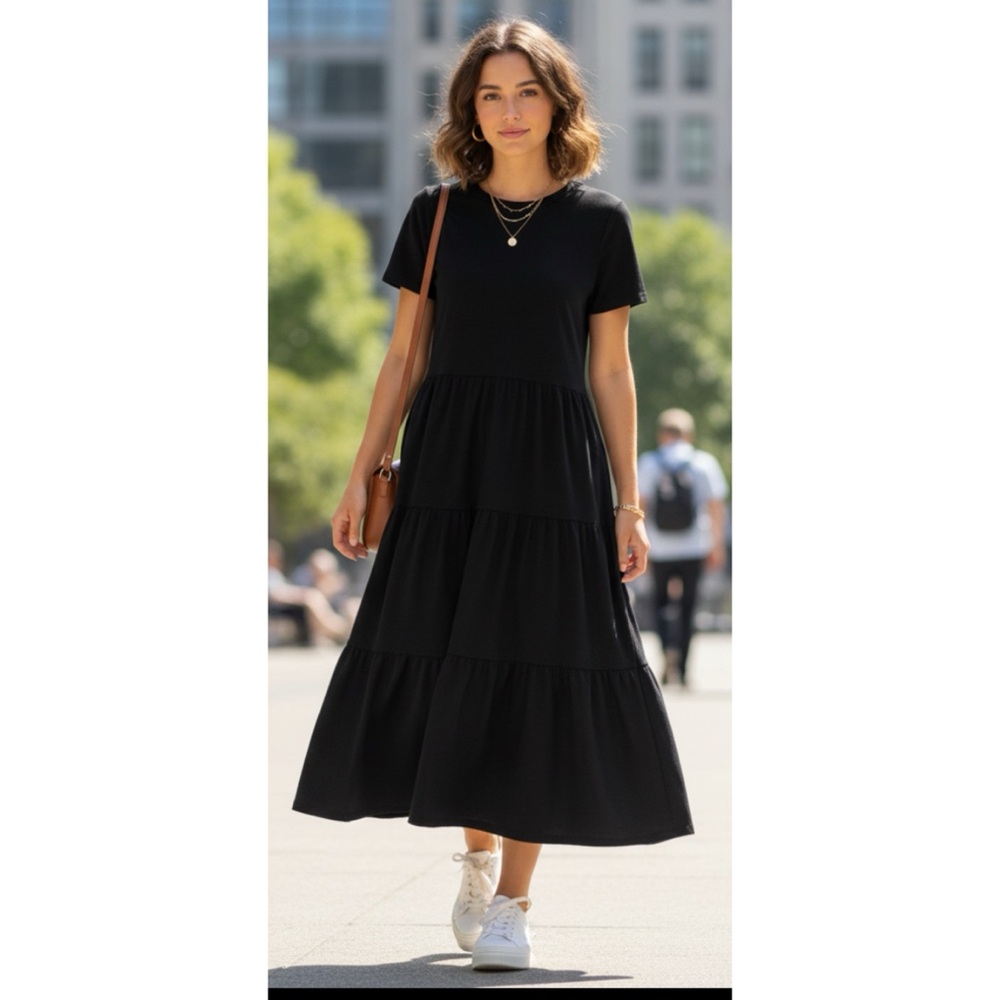 RD Style Torry Black Jersey Cotton Tiered Maxi Dress Size XS
